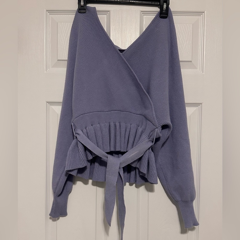 Wrap V-Neck Tie-Waist Sweater in Dusty Lavender
